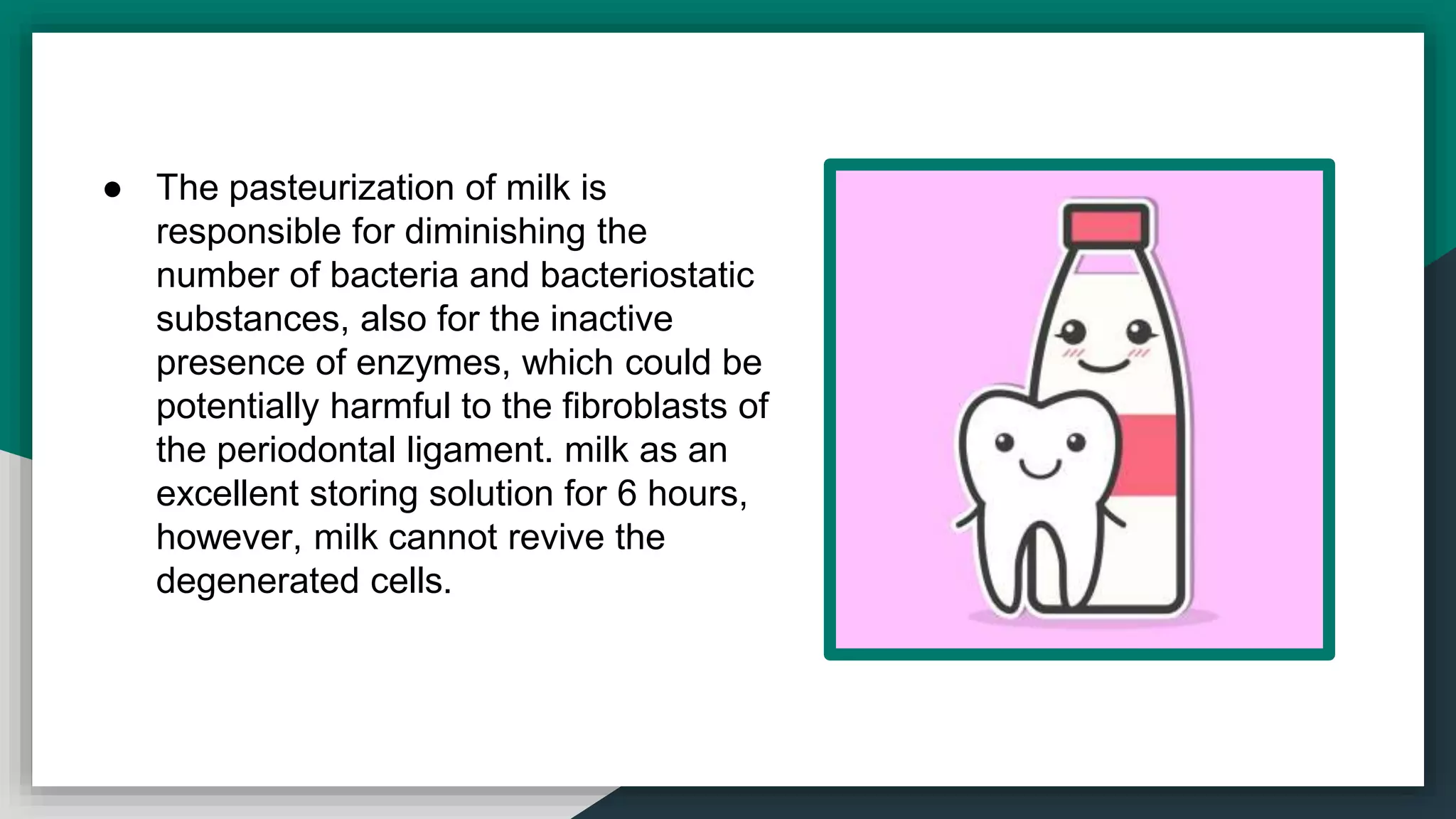● The pasteurization of milk is
responsible for diminishing the
number of bacteria and bacteriostatic
substances, also for the inactive
presence of enzymes, which could be
potentially harmful to the fibroblasts of
the periodontal ligament. milk as an
excellent storing solution for 6 hours,
however, milk cannot revive the
degenerated cells.
 
