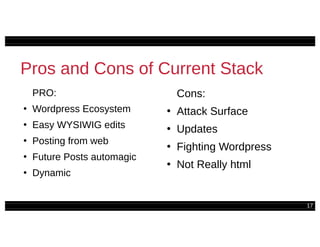 17
Pros and Cons of Current Stack
PRO:
●
Wordpress Ecosystem
●
Easy WYSIWIG edits
●
Posting from web
●
Future Posts automagic
●
Dynamic
Cons:
●
Attack Surface
●
Updates
●
Fighting Wordpress
●
Not Really html
 
