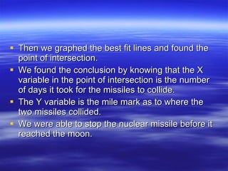 Then we graphed the best fit lines and found the point of intersection. We found the conclusion by knowing that the X variable in the point of intersection is the number of days it took for the missiles to collide. The Y variable is the mile mark as to where the two missiles collided. We were able to stop the nuclear missile before it reached the moon. 