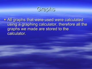 Graphs All graphs that were used were calculated using a graphing calculator, therefore all the graphs we made are stored to the calculator. 