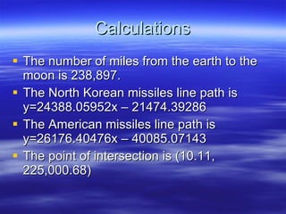 Calculations The number of miles from the earth to the moon is 238,897. The North Korean missiles line path is y=24388.05952x – 21474.39286 The American missiles line path is y=26176.40476x – 40085.07143 The point of intersection is (10.11, 225,000.68) 