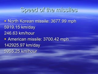 Speed of the missiles North Korean missile: 3677.99 mph 5919.15 km/day 246.63 km/hour American missile: 3700.42 mph 142925.97 km/day 5955.25 km/hour 