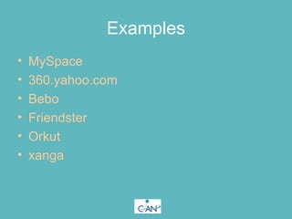 Examples <ul><li>MySpace </li></ul><ul><li>360.yahoo.com </li></ul><ul><li>Bebo </li></ul><ul><li>Friendster </li></ul><ul...