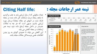 ‫مجله‬ ‫ارجاعات‬ ‫عمر‬ ‫نیمه‬
:
Citing Half life:
•
‫تؼذاد‬
ٖٗ‫ػالْا‬
ِ‫ک‬
‫اص‬
‫ػال‬
ٖ‫اسصٗات‬
‫تاٗذ‬
ِ‫ت‬
‫ػقة‬
‫تشگشدٗن‬
‫تا‬
‫ؿاّذ‬
ُ‫پٌجا‬
‫دسكذ‬
‫اسجاػات‬
‫کل‬
ُ‫داد‬
ُ‫ؿذ‬
‫دس‬
ِ‫هجل‬
(
ِ‫اسائ‬
ُ‫ؿذ‬
‫دس‬
ٕ‫اًتْا‬
‫ّش‬
ِ‫هقال‬
ِ‫هجل‬
(
‫دس‬
‫ػال‬
‫هَسد‬
ٖ‫اسصٗات‬
‫تاؿ٘ن‬
.
ْٖٗ‫تذ‬
‫اػت‬
ِ‫ک‬
‫ّش‬
ِ‫چ‬
ِ‫ت‬
‫هقاالت‬
‫جذٗذتش‬
‫دس‬
‫داخل‬
ِ‫هجل‬
‫اسجاع‬
ُ‫داد‬
‫ؿَد‬
ِ‫ً٘و‬
‫ػوش‬
‫اسجاػات‬
‫دس‬
ِ‫هجل‬
‫کاّؾ‬
ٖ‫ه‬
‫ٗاتذ‬
.
•
‫اٗي‬
‫کاّؾ‬
ٖ‫ه‬
‫تَاًذ‬
‫تا‬
ٕ‫حذٍد‬
ٕ‫گَٗا‬
ِ‫ت‬
‫سٍص‬
‫تَدى‬
‫اعالػات‬
ٖ‫ػلو‬
‫ًَٗؼٌذگاى‬
‫هقاالت‬
ِ‫هجل‬
‫تاؿذ‬
.
 
