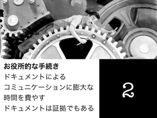 お役所的な手続き
ドキュメントによる
コミュニケーションに膨大な
時間を費やす          2
ドキュメントは証拠でもある
 