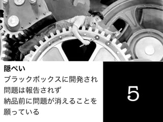 隠ぺい
ブラックボックスに開発され
問題は報告されず
納品前に問題が消えることを   5
願っている
 