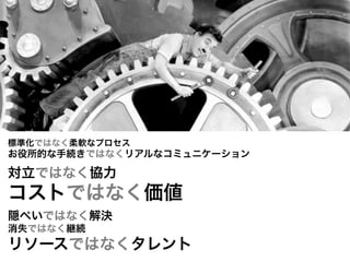 標準化ではなく柔軟なプロセス
お役所的な手続きではなくリアルなコミュニケーション

対立ではなく協力
コストではなく価値
隠ぺいではなく解決
消失ではなく継続
リソースではなくタレント
 