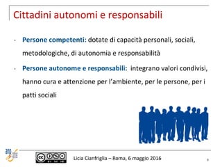 Cittadini autonomi e responsabili
• Persone competenti: dotate di capacità personali, sociali,
metodologiche, di autonomia...