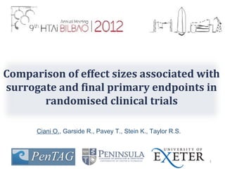 Comparison of effect sizes associated with
surrogate and final primary endpoints in
       randomised clinical trials

      Ciani O., Garside R., Pavey T., Stein K., Taylor R.S.



                                                              1
 