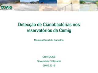 Detecção de Cianobactérias nos
    reservatórios da Cemig
       Marcela David de Carvalho




              CBH-DOCE
         Governador Valadares
              29.05.2012
 
