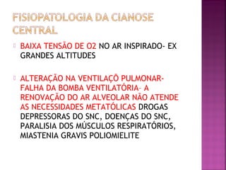  BAIXA TENSÃO DE O2 NO AR INSPIRADO- EX
GRANDES ALTITUDES
 ALTERAÇÃO NA VENTILAÇÕ PULMONAR-
FALHA DA BOMBA VENTILATÓRIA– A
RENOVAÇÃO DO AR ALVEOLAR NÃO ATENDE
AS NECESSIDADES METATÓLICAS DROGAS
DEPRESSORAS DO SNC, DOENÇAS DO SNC,
PARALISIA DOS MÚSCULOS RESPIRATÓRIOS,
MIASTENIA GRAVIS POLIOMIELITE
 