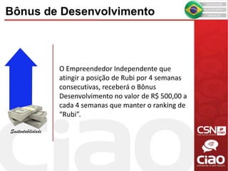 O Empreendedor Independente que
atingir a posição de Rubi por 4 semanas
consecutivas, receberá o Bônus
Desenvolvimento no valor de R$ 500,00 a
cada 4 semanas que manter o ranking de
“Rubi”.
Bônus de Desenvolvimento
Sustentabilidade
 