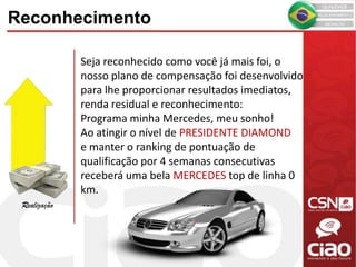Seja reconhecido como você já mais foi, o
nosso plano de compensação foi desenvolvido
para lhe proporcionar resultados imediatos,
renda residual e reconhecimento:
Programa minha Mercedes, meu sonho!
Ao atingir o nível de PRESIDENTE DIAMOND
e manter o ranking de pontuação de
qualificação por 4 semanas consecutivas
receberá uma bela MERCEDES top de linha 0
km.
Realização
Reconhecimento
 