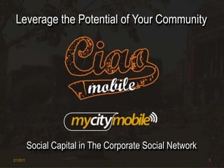 Leverage the Potential of Your Community Leverage the Potential of Your Community Social Capital in The Corporate Social Network Social Capital in The Corporate Social Network 01/01/2011 1 