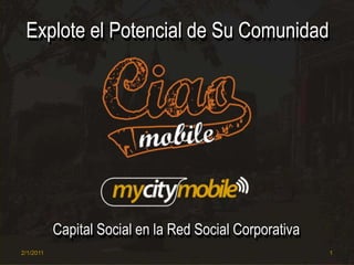 Explote el Potencial de Su Comunidad Explote el Potencial de Su Comunidad Capital Social en la Red Social Corporativa Capital Social en la Red Social Corporativa 02/01/2011 1 