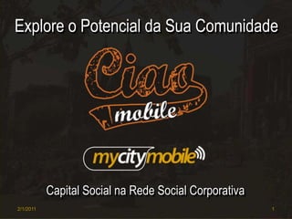 Explore o Potencial da Sua Comunidade Explore o Potencial da Sua Comunidade Capital Social na Rede Social Corporativa Capital Social na Rede Social Corporativa 02/01/2011 1 