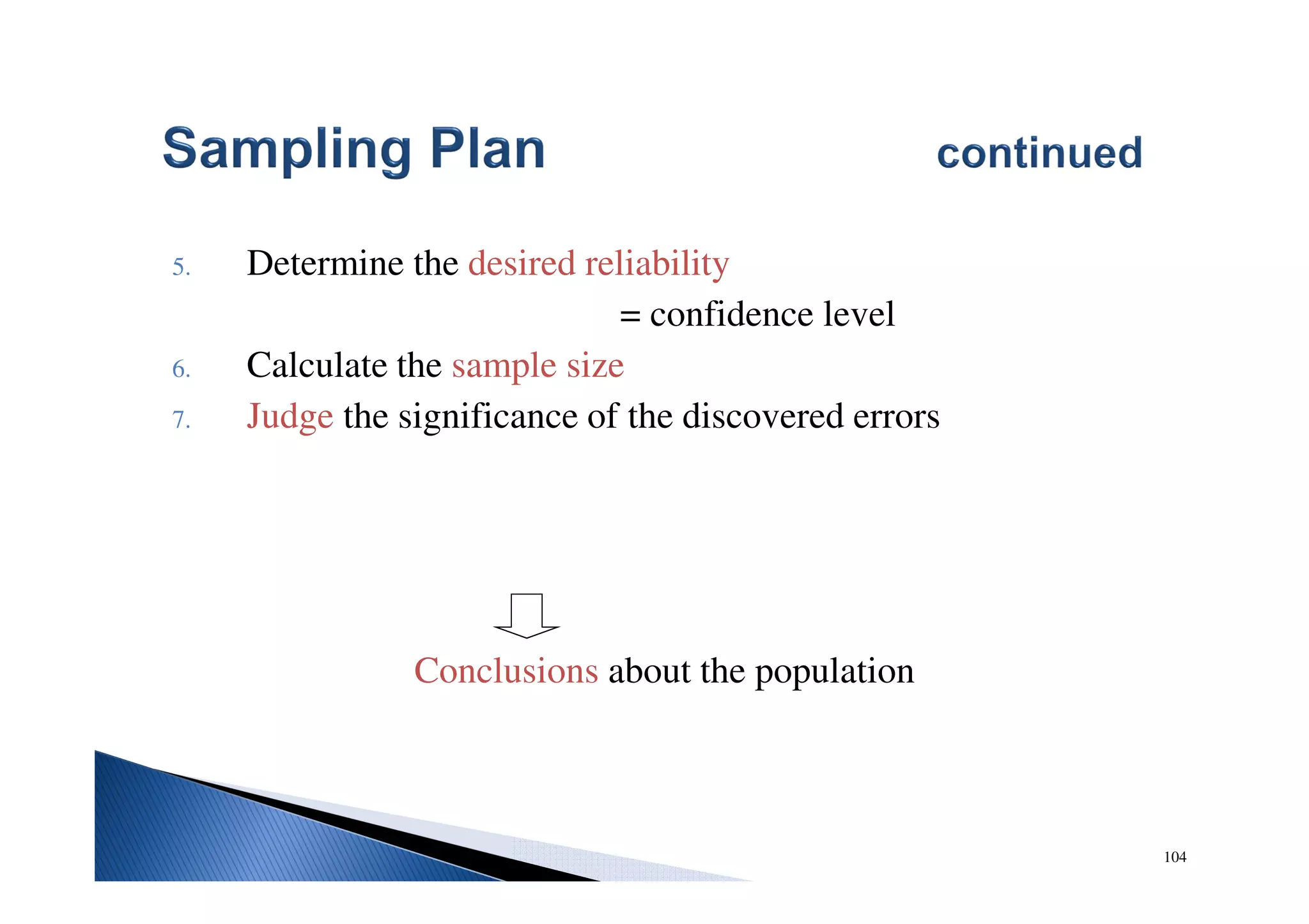 104
5. Determine the desired reliability
= confidence level
6. Calculate the sample size
7. Judge the significance of the discovered errors
Conclusions about the population
 