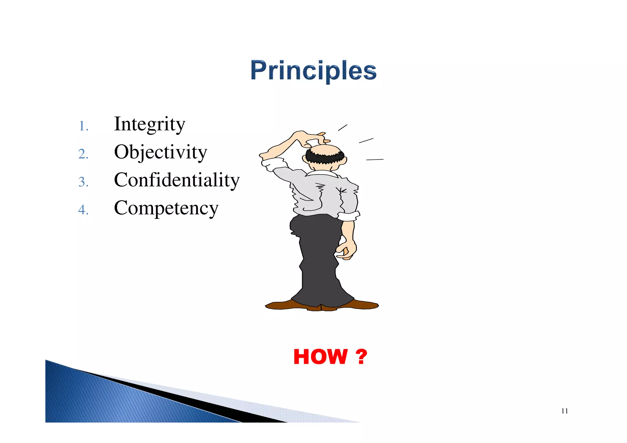 1. Integrity
2. Objectivity
3. Confidentiality
4. Competency
HOW ?
11
 