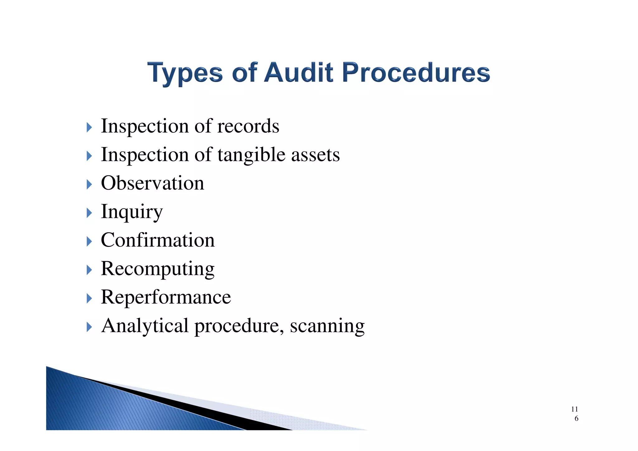 11
6
Inspection of records
Inspection of tangible assets
Observation
Inquiry
Confirmation
Recomputing
Reperformance
Analytical procedure, scanning
 
