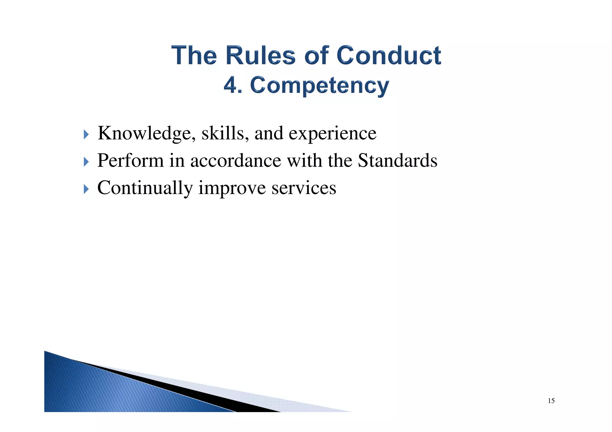 Knowledge, skills, and experience
Perform in accordance with the Standards
Continually improve services
15
 