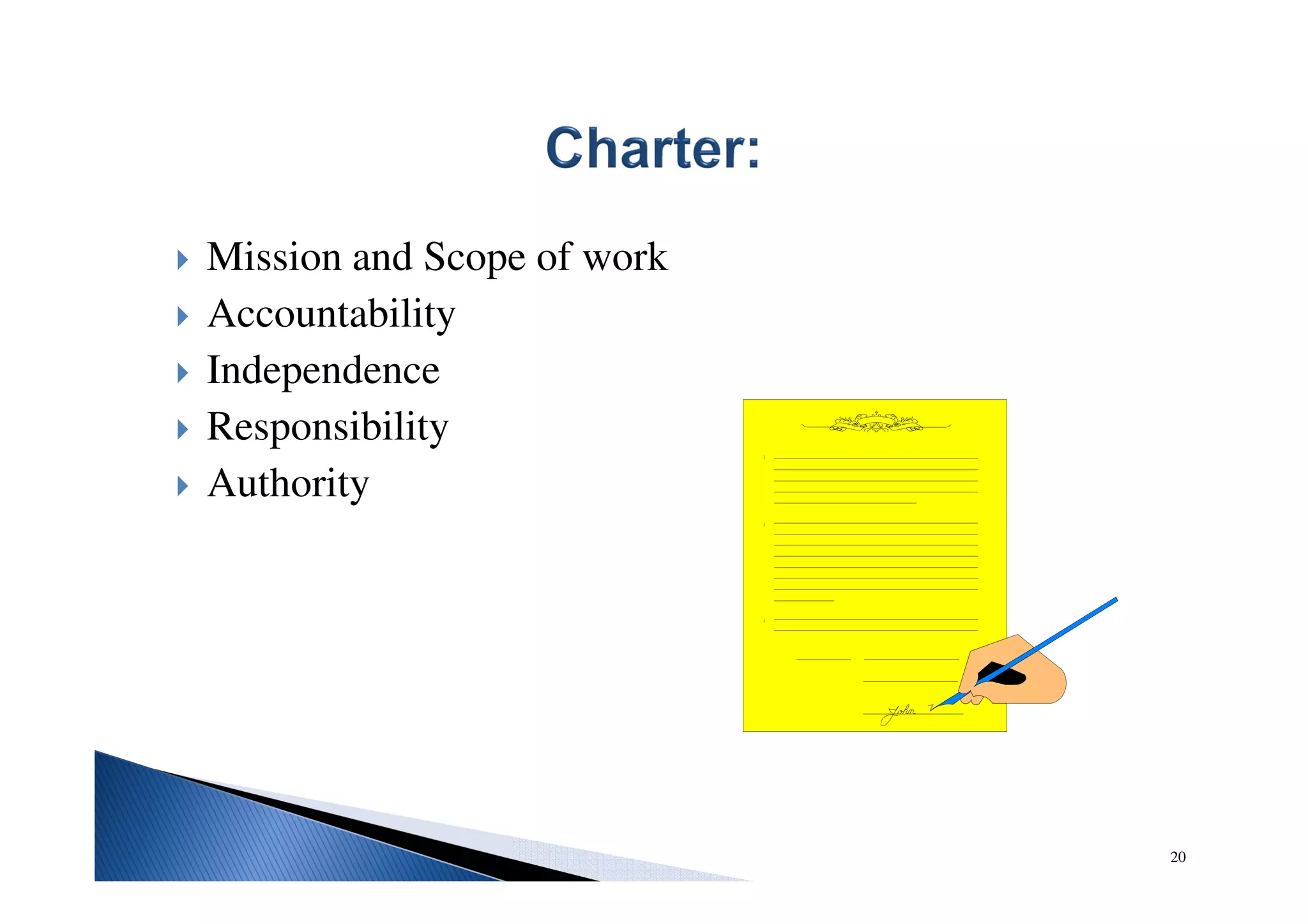 Mission and Scope of work
Accountability
Independence
Responsibility
Authority
20
 