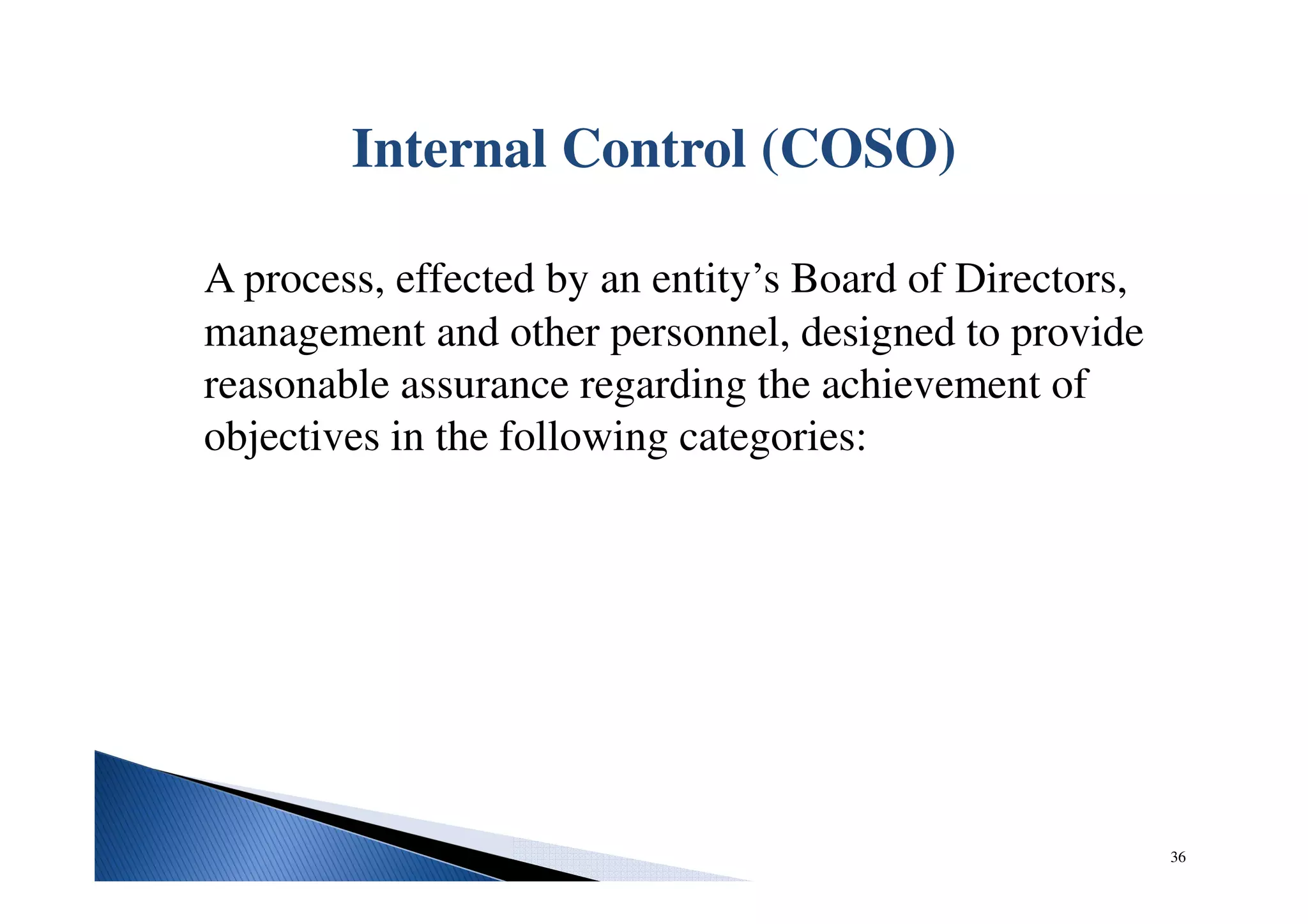 Internal Control (COSO)
A process, effected by an entity’s Board of Directors,
management and other personnel, designed to provide
reasonable assurance regarding the achievement of
objectives in the following categories:
36
 