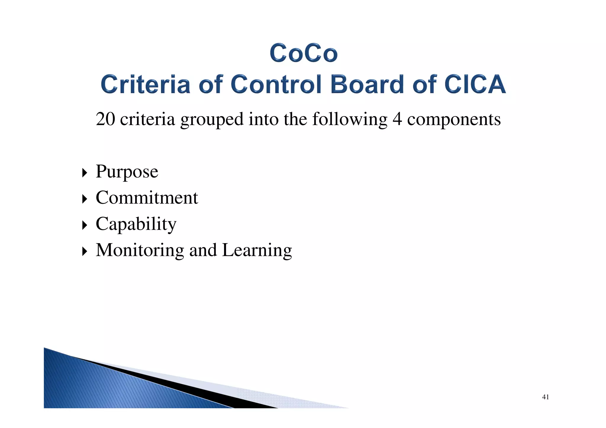 20 criteria grouped into the following 4 components
Purpose
Commitment
Capability
Monitoring and Learning
41
 