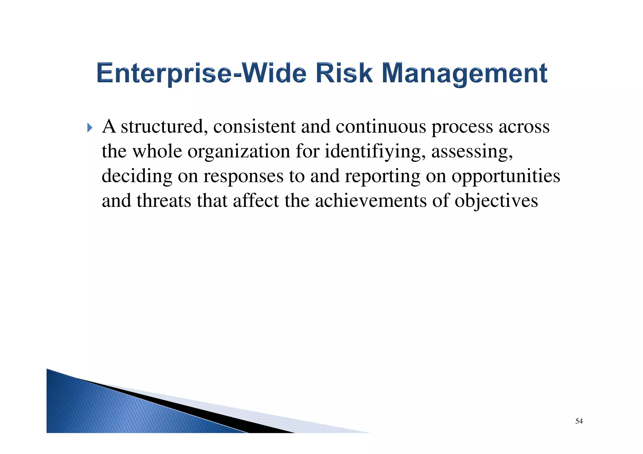 A structured, consistent and continuous process across
the whole organization for identifiying, assessing,
deciding on responses to and reporting on opportunities
and threats that affect the achievements of objectives
54
 