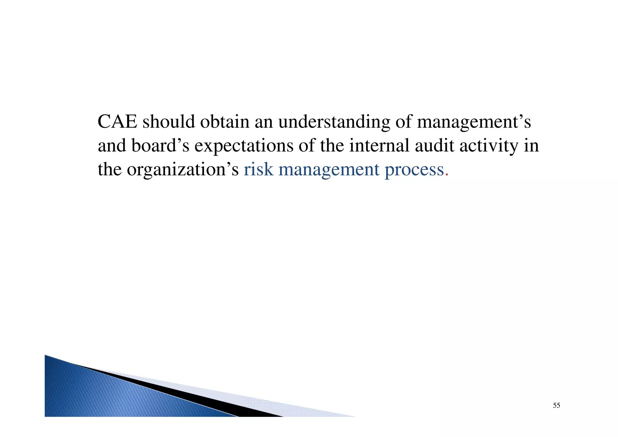 CAE should obtain an understanding of management’s
and board’s expectations of the internal audit activity in
the organization’s risk management process.
55
 
