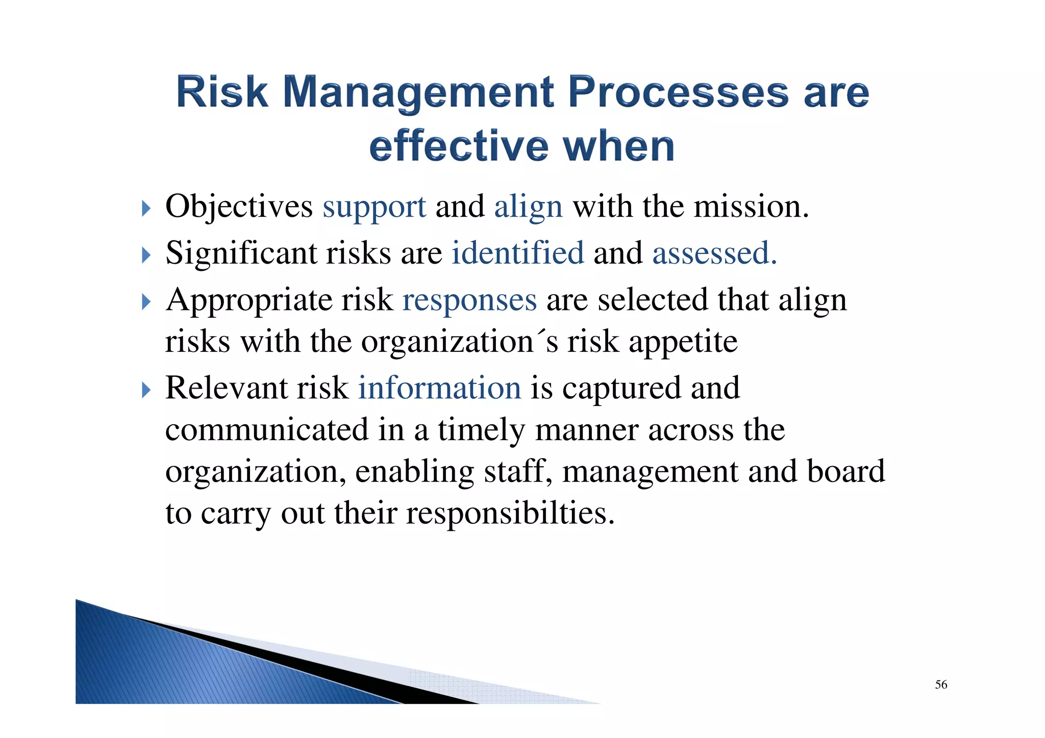 Objectives support and align with the mission.
Significant risks are identified and assessed.
Appropriate risk responses are selected that align
risks with the organization´s risk appetite
Relevant risk information is captured and
communicated in a timely manner across the
organization, enabling staff, management and board
to carry out their responsibilties.
56
 