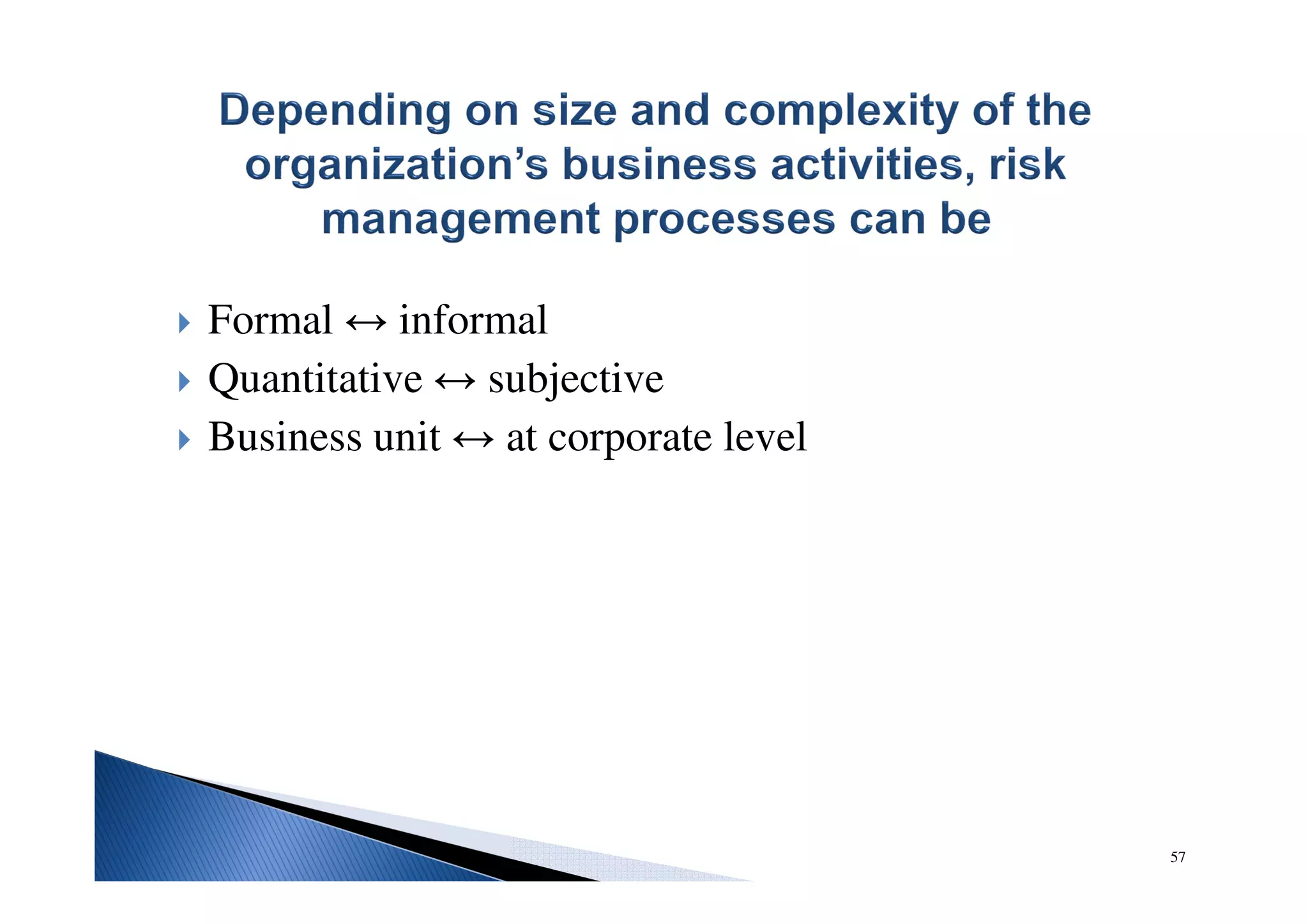Formal ↔ informal
Quantitative ↔ subjective
Business unit ↔ at corporate level
57
 