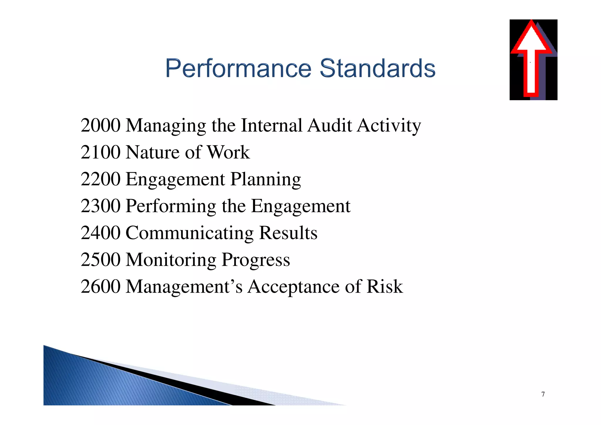 2000 Managing the Internal Audit Activity
2100 Nature of Work
2200 Engagement Planning
2300 Performing the Engagement
2400 Communicating Results
2500 Monitoring Progress
2600 Management’s Acceptance of Risk
7
 