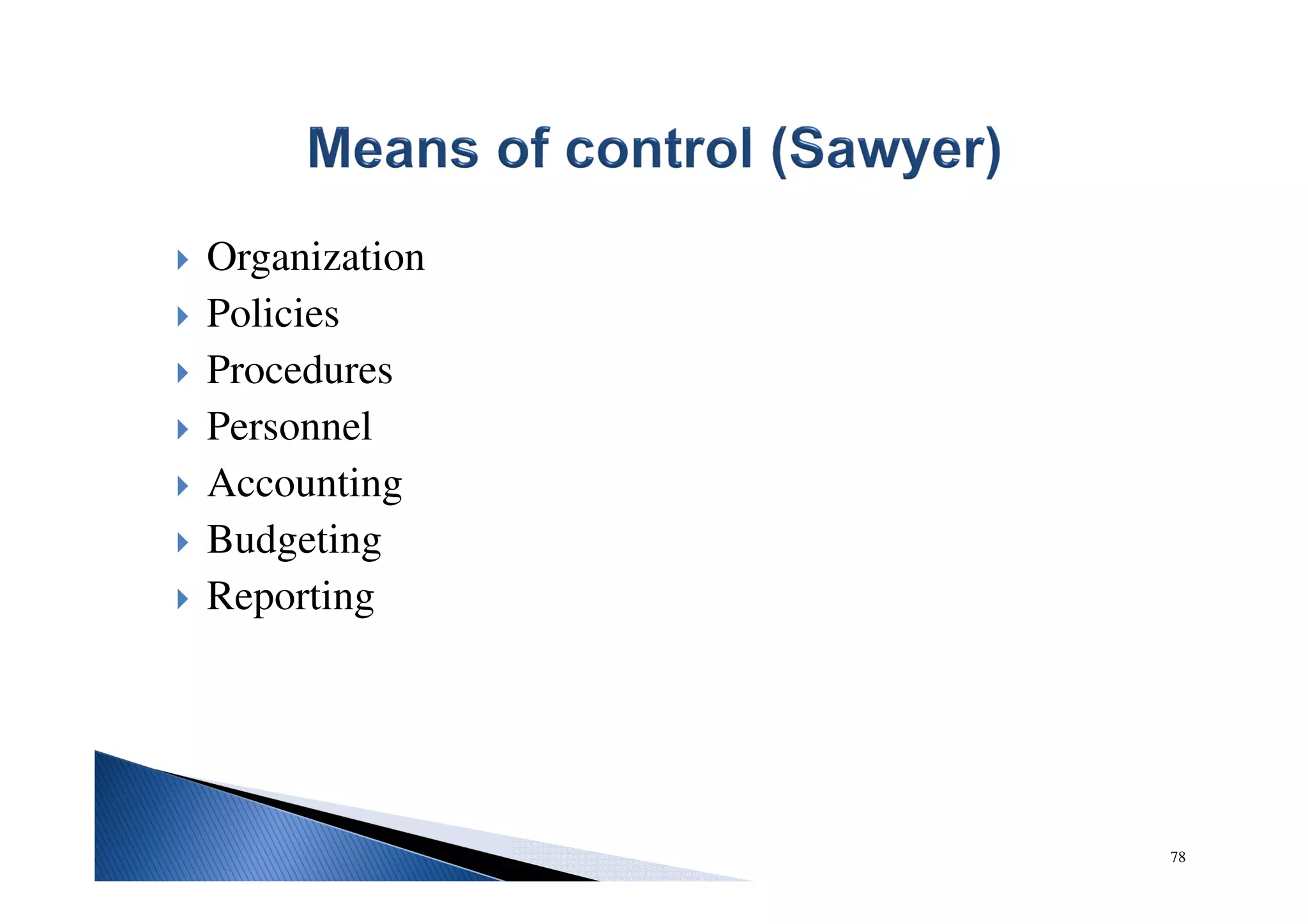 Organization
Policies
Procedures
Personnel
Accounting
Budgeting
Reporting
78
 