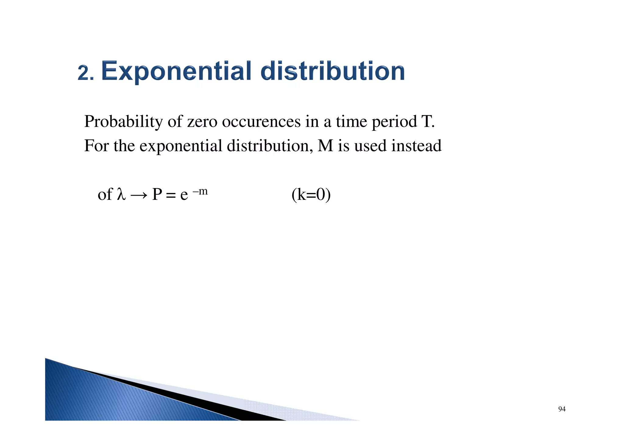 94
Probability of zero occurences in a time period T.
For the exponential distribution, M is used instead
of λ → P = e –m (k=0)
 