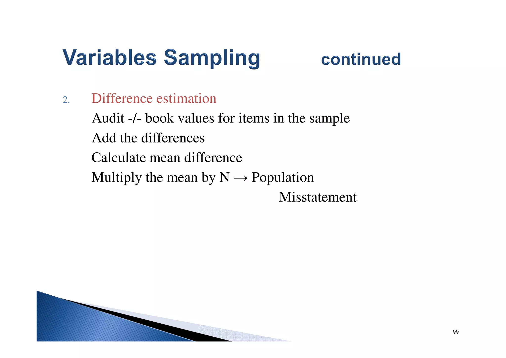 99
2. Difference estimation
Audit -/- book values for items in the sample
Add the differences
Calculate mean difference
Multiply the mean by N → Population
Misstatement
 