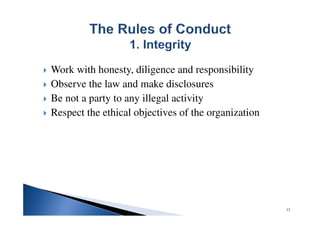 Work with honesty, diligence and responsibility
Observe the law and make disclosures
Be not a party to any illegal activity
Respect the ethical objectives of the organization
12
 