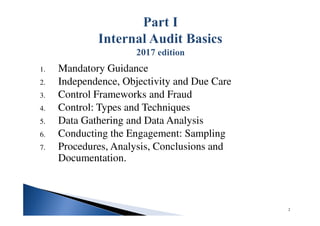 1. Mandatory Guidance
2. Independence, Objectivity and Due Care
3. Control Frameworks and Fraud
4. Control: Types and Techniques
5. Data Gathering and Data Analysis
6. Conducting the Engagement: Sampling
7. Procedures, Analysis, Conclusions and
Documentation.
2
 