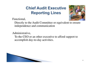Functional,
Directly to the Audit Committee or equivalent to ensure
independence and communication
Administrative,
To the CEO or an other executive to afford support to
accomplish day-to-day activities.
22
 