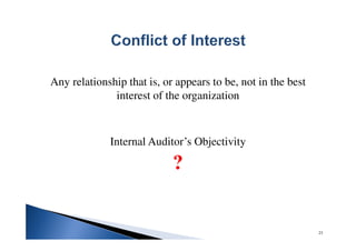Any relationship that is, or appears to be, not in the best
interest of the organization
Internal Auditor’s Objectivity
?
23
 
