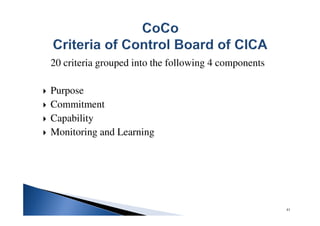 20 criteria grouped into the following 4 components
Purpose
Commitment
Capability
Monitoring and Learning
41
 