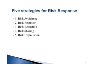 1. Risk Avoidence
2. Risk Retention
3. Risk Reduction
4. Risk Sharing
5. Risk Exploitation
53
 