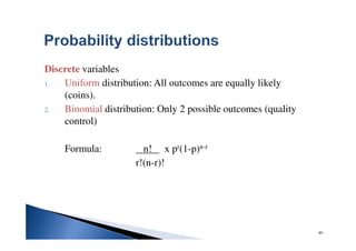 89
Discrete variables
1. Uniform distribution: All outcomes are equally likely
(coins).
2. Binomial distribution: Only 2 possible outcomes (quality
control)
Formula: n! x pr(1-p)n-r
r!(n-r)!
 