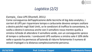 Logistica	(2/2)
19/10/2018 Prof.	Cristiano	Ciappei Confindustria	Firenze
Esempio_	Caso	UPS	(Shontell,	2011):	
Come	conseguenza	dell’applicazione	delle	tecniche	di	big	data	analytics,	i	
corrieri	di	UPS	per	risparmiare	tempo	e	carburante	devono	sempre	svoltare	
a	destra	poiché	negli	Stati	Uniti,	se	le	condizioni	di	traffico	lo	consentono,	la	
svolta	a	destra	è	concessa	anche	con	il	semaforo	rosso	mentre	quella	a	
sinistra	richiede	di	attendere	il	semaforo	verde,	con	un	conseguente	spreco	
di	tempo	e	carburante.	I	conducenti	UPS	svoltano	a	sinistra	solo	il	10%	delle	
volte	e	questo	ha	permesso	all’azienda	di	ridurre	fortemente	il	numero	di	
veicoli	impiegati	e	la	distanza	complessivamente	percorsa.
 