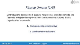Risorse	Umane	(1/3)
19/10/2018 Prof.	Cristiano	Ciappei Confindustria	Firenze
L’introduzione	dei	sistemi	di	big	data	nei	processi	aziendali	richiede	che	
l’azienda	intraprenda	un	processo	di	cambiamento	dal	punto	di	vista	
organizzativo	e	culturale.	
1. Cambiamento	organizzativo
2.	Cambiamento	culturale
 