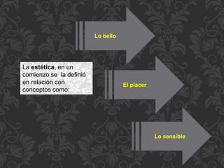 La estética, en un
comienzo se la definió
en relación con
conceptos como:
Lo bello
El placer
Lo sensible
 