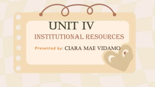 Institutional resources
Presented by: Ciara Mae Vidamo
UNIT IV
 