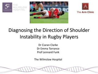 Diagnosing the Direction of Shoulder
Instability in Rugby Players
Dr Ciaran Clarke
Dr Emma Torrance
Prof Lennard Funk
The Wilmslow Hospital
 