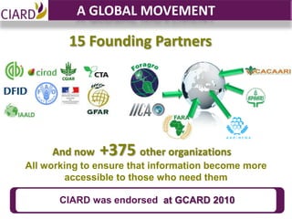 A GLOBAL MOVEMENT

         15 Founding Partners




     And now   +375 other organizations
All working to ensure that information become more
        accessible to those who need them

       CIARD was endorsed at GCARD 2010
 