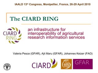The CIARD RING an infrastructure for interoperability of agricultural research information services Valeria Pesce (GFAR), Ajit Maru (GFAR), Johannes Keizer (FAO) 