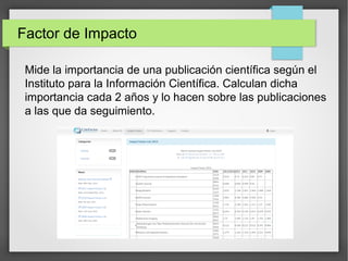 Factor de Impacto
Mide la importancia de una publicación científica según el
Instituto para la Información Científica. Calculan dicha
importancia cada 2 años y lo hacen sobre las publicaciones
a las que da seguimiento.
 
